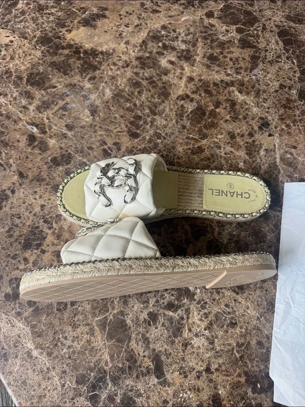 Chanel mules espadrilles flats ivory silver chain sandals sz 41